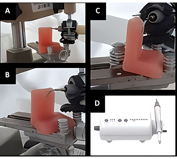 Dental procedure diagram using a dental drill on simulated gum material; step-by-step equipment setup.