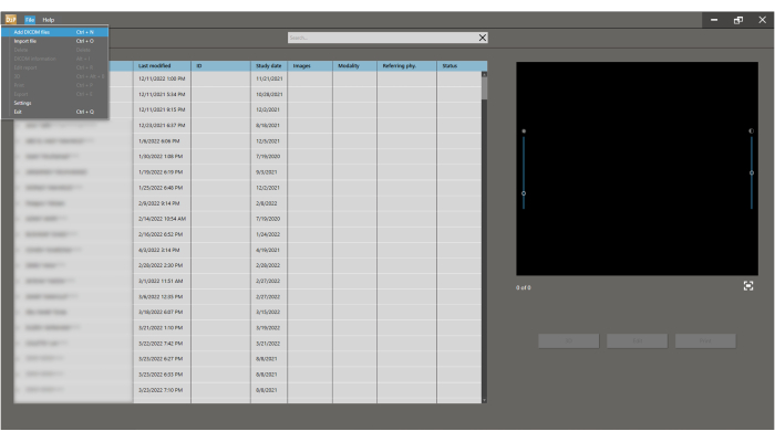 Medical imaging analysis interface, displaying DICOM file management and preview.