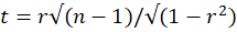 T-test formula, t=rv(n−1)/√(1−r²), statistical analysis, correlation assessment.