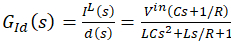 Transfer function equation, \(G_{Id}(s)\), in control systems analysis, diagram with variables \(L, R, C\).