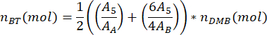 Equation for calculating molar quantity; formula: n_BT(mol)=1/2(A5/AA+6A5/4AB)*n_DMB(mol).