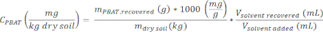 C PBAT equation for soil concentration, featuring mass recovery and solvent volume ratios.