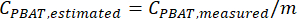 Equation showing estimated concentration calculation, C_PBAT.estimated = C_PBAT.measured/m.