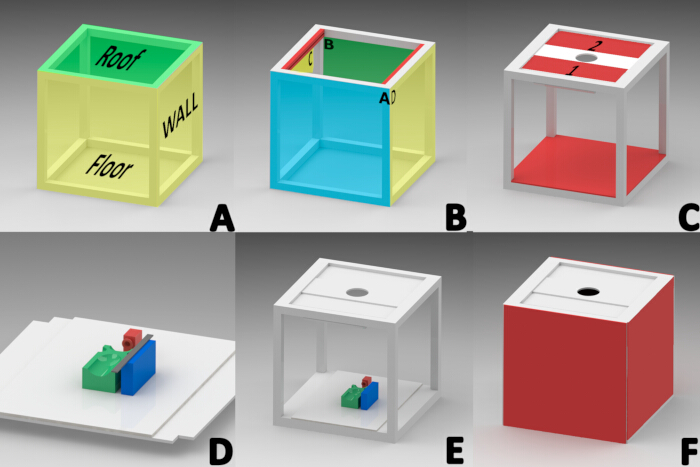 Assembly process of modular cube; labeled diagram of roof, floor, walls, components; 3D design.