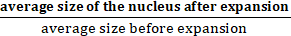 Ratio of nuclear size change; formula fraction in physics experiment analysis.