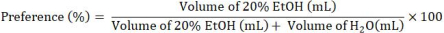 Preference formula, percentage calculation using volumes of ethanol and water, equation.