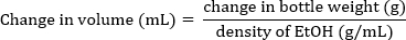 Change in volume formula diagram; calculates using weight change and ethanol density coefficient.