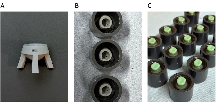Centrifuge rotor covers: A) Single cover, B) Vertical cover stack, C) Multiple covers with seals.