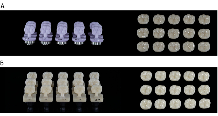 Ceramic dental crown fabrication process; comparison of unfinished and finished crowns for dentistry.