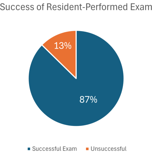 Success rate of resident-performed exams, pie chart, 87% successful, 13% unsuccessful.