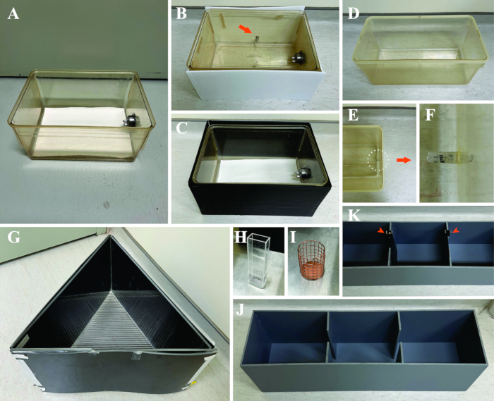 Animal behavior testing setup; various compartments and enclosures; experimental apparatus design.