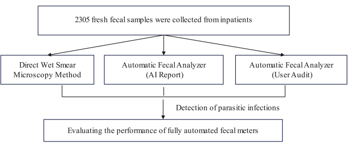 figure-introduction-2 Fecal sample analysis workflow diagram; microscopy, AI report, user audit methods for parasite detection.