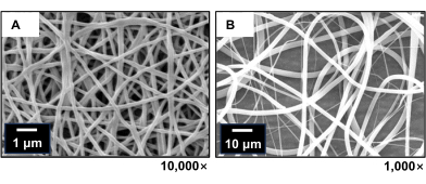 figure-results-2 Electrospun nanofiber SEM images; magnifications at 10,000x (A) and 1,000x (B); structural analysis.