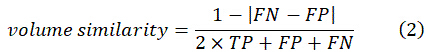 Volume similarity equation: \[1-|FN−FP|/(2×TP+FP+FN)\]; formula in statistical analysis.