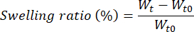 Swelling ratio equation, \( W_t - W_{t0} / W_{t0} \), formula for polymer absorbency analysis.