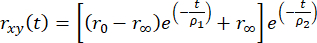 Equation for time-dependent decay analysis; formula: r_xy(t) with exponential terms; math diagram.