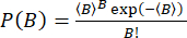 Poisson distribution equation, P(B) = (⟨B⟩^B * exp(-⟨B⟩)) / B!, used in probability theory.