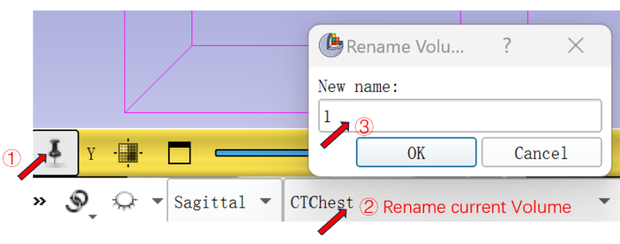 figure-protocol-3 CT volume renaming process; interface diagram with steps for updating volume names in software.