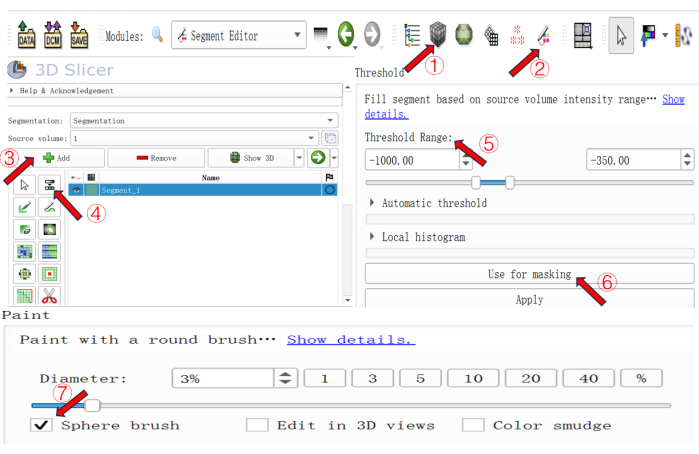 figure-protocol-4 3D Slicer software interface, segment editor diagram, threshold settings, sphere brush tool.
