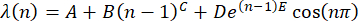 Nonlinear equation λ(n)=A+B(n−1)^C+De^(n−1)^Ecos(nπ); symbolic mathematical formula.