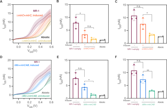 figure-results-7 Electrochemical analysis graphs, I<sub>GS</sub>-V<sub>GS</sub> relation, gene expression effect, bar charts.