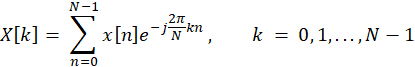 Discrete Fourier Transform formula Σx[n]e^(-j2πkn/N), mathematical equation.