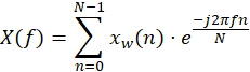 Discrete Fourier Transform equation, Σxw(n)e^(-j2πfn/N), mathematical formula.