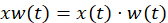 Convolution equation diagram: xw(t) = x(t) · w(t) for signal processing analysis.