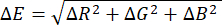Color difference formula, ΔE=√(ΔR²+ΔG²+ΔB²), for analyzing RGB color variance.