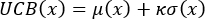 Upper Confidence Bound equation, UCB(x)=μ(x)+κσ(x), for decision-making in data analysis.