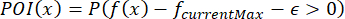 Probability function formula \(POI(x)=P(f(x)-f_{currentMax}-\epsilon>0)\) for statistical analysis.