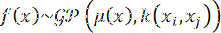Gaussian process equation f(x)~gp, statistical model, function approximation, formula image.