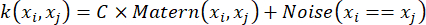 Kernel function formula with Matérn covariance and noise term; equation for statistical modeling.