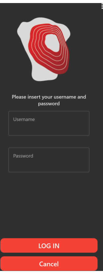 Login interface with contour map icon, username, password fields, and red buttons.