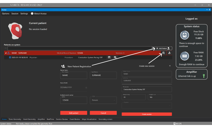 Medical data management software interface; patient registration and session creation overview.