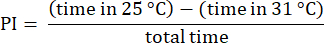 Physiological index equation, PI=(time 25°C−time 31°C)/total time, formula in statistical analysis.