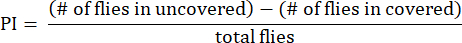 Preference Index formula with variables for uncovered and covered flies; behavioral experiment equation.