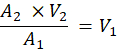 Equation for static equilibrium; formula \( \frac{A_2 \times V_2}{A_1} = V_1 \); physics concept.