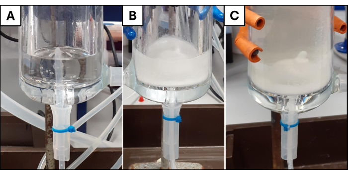 Static filtration process depicted in three stages; laboratory setup for separation experiment.
