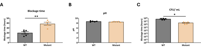Bar chart comparison of blockage time, pH, CFU/mL in WT and Mutant experiments.