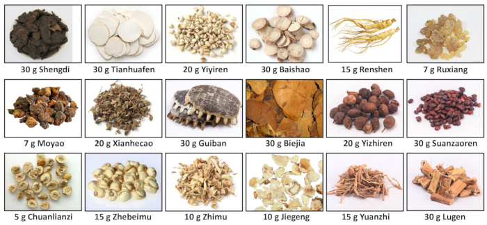 Traditional Chinese medicine herbs grid; Shengdi, Tianhuafen, Yiyiren; medicinal use description.