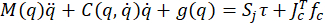 figure-protocol-2 Dynamic equation M(q)ẍ + C(q,ẋ)ẋ + g(q) = Sτ + Jᵀf in control systems analysis diagram.