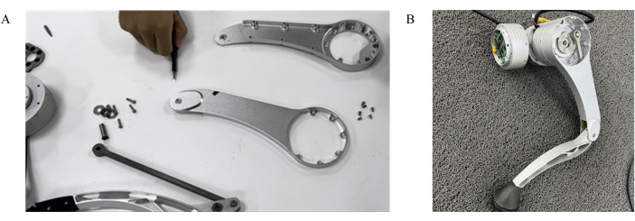 figure-results-1 Robotic arm assembly components and completed mechanism for mechanical engineering analysis.