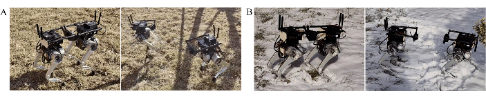 figure-results-11 Quadruped robot locomotion test on grass and snow surfaces; performance comparison experiment.