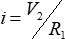 Ohm's Law equation with circuit elements; formula for current calculation i=V₂/R₁.