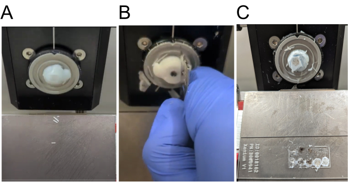 figure-results-6 Cryogenic grinding setup for sample preparation; gloved hand demonstrates equipment maintenance.