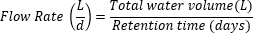 Flow rate formula (L/d) for water volume calculation; equation in environmental science study.