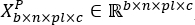 Matrix notation, element belongs to real numbers R in b x n x p1 x c dimensions, mathematical formula.