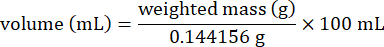 Volume calculation equation using weighted mass for scientific analysis; mathematical formula.