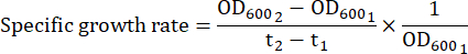 Specific growth rate formula; optical density OD600 metric; used in microbial growth analysis.